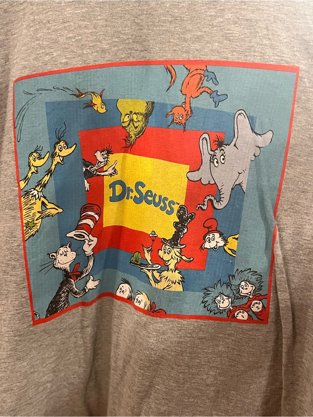 Dr. Seuss Gray Tee with Colorful Character Square Print